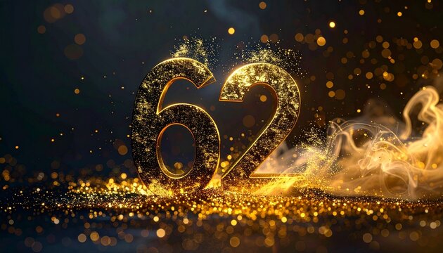 Golden sixty two number with sparkles.