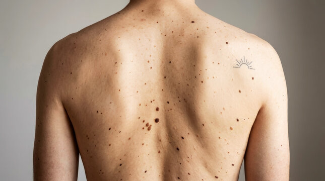 Male Back with Multiple Moles and Freckles for Dermatology Skin Check Concept
