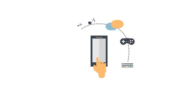 Mobile phone display with icons representing diverse entertainment and communication options on white background
