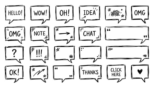 Hand drawn geometric square rectangle speech boxes rough edges, doodle sketch collection, black ink vector illustration