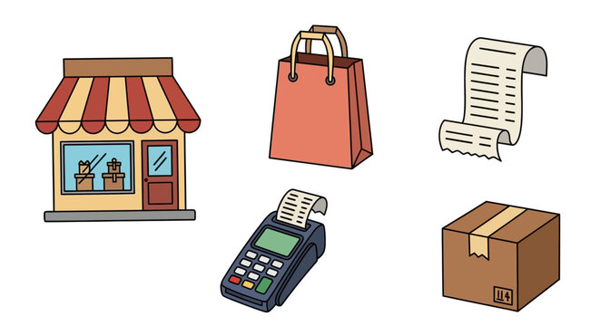 Illustration of retail store, shopping bag, receipt, pos machine and box
