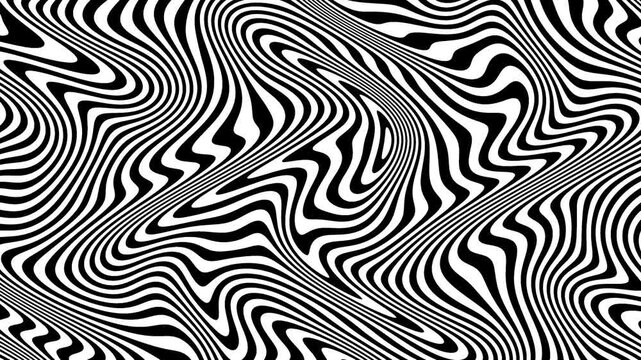 Dynamic monochrome contour distortion of flowing stripes. Abstract black and white smooth background with wavy stripes in motion. Hypnotic monochrome liquid distortion.
