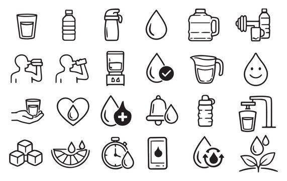 water drinking tracker hydration balance and healthy liquid intake line icons vector