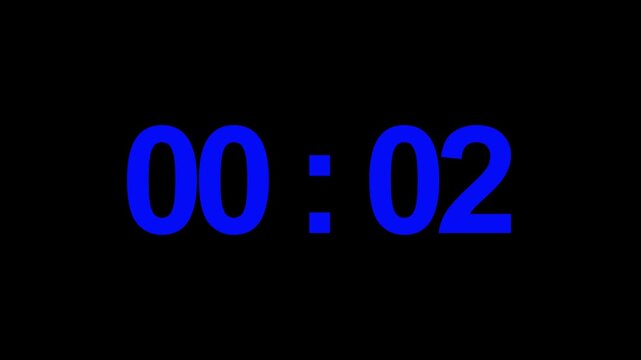Digital clock shows bright blue numerical characters representing two seconds of elapsed time set against a completely black backdrop for a clean visual representation of a precise duration of events.