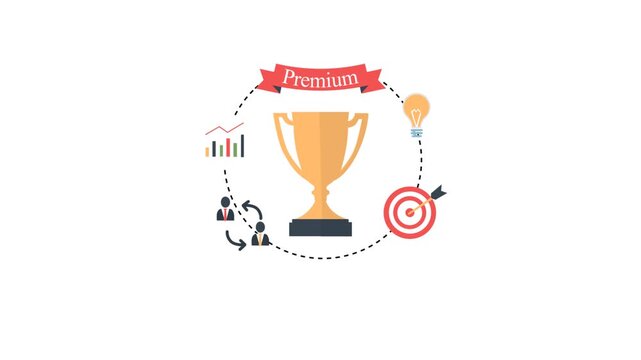 Premium achievement in business success and strategy illustrated by trophy and business icons