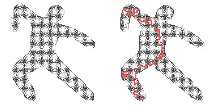 Brain maze puzzle with solution in the shape of a dynamic modern dancer silhouette, vector illustration for activity book, sports and contemporary dance