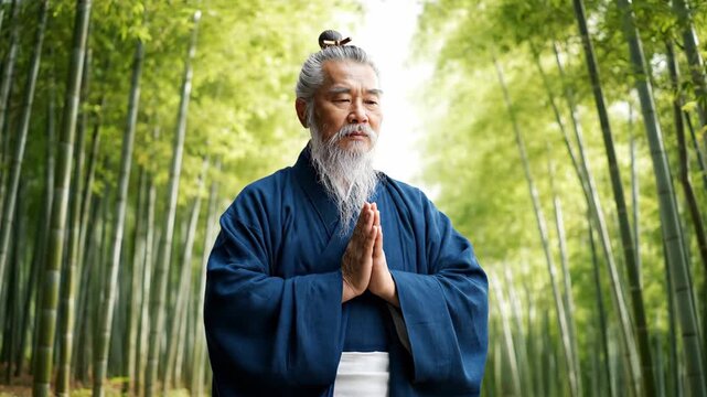 An old man in ancient costume clasps his hands together in a bamboo forest, and an old man in a bamboo forest prays for blessings