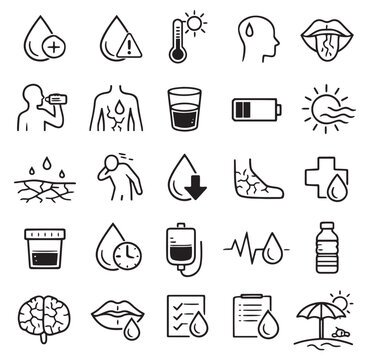 dehydration symptoms lack of water medical risk and heatstroke effects line icons vector