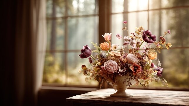 Elaborate floral arrangement rests on a wooden surface before a bright, mullioned window overlooking greenery.
