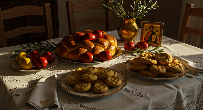Traditional Greek Easter table with tsoureki, red eggs, koulourakia, olive branches, and an icon of