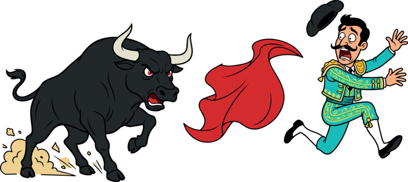 Funny Cartoon Bullfighting Vector Illustration Featuring Angry Black Charging Bull Chasing Scared Spanish Matador Running Away with Flying Red Muleta Cloak
