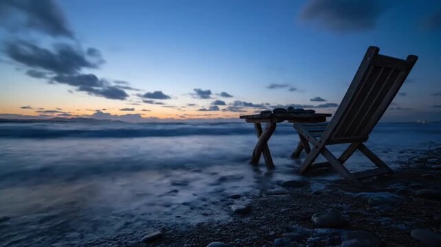 Empty wooden chair and table on tranquil pebble beach, day to night sunset timelapse with rolling waves, for travel and wellness retreat marketing