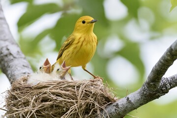 Obraz premium The Canary on Nest with Baby Birds in Leafy Tree Branch