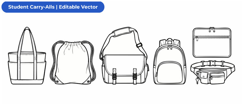 Student bag vector outline set featuring classic backpack, messenger bag, canvas tote, drawstring cinch bag, laptop sleeve, and fanny pack templates for school design mockup and fashion tech packs.