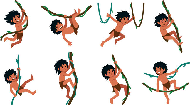 Jungle Boy Character Set Swinging and Climbing on Tropical Vines for Adventure Kids Book Illustrations, Animated Cartoon Design Elements, and Vector Graphics