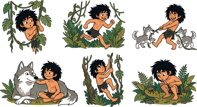 Jungle Boy and Wolf Cubs Character Set with Playful Scenes of Running, Climbing Vines, and Exploring Nature for Children Book Illustrations