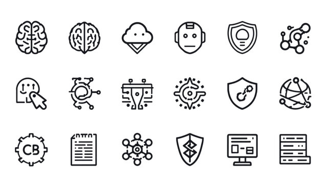 Artificial intelligence and machine learning line icons set representing cyber security cloud computing big data network and technology systems