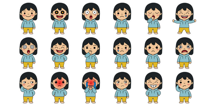 Cute girl character expression sheet set. Little girl mascot with different emotions and poses vector illustration. Seamless set of emoji avatar icons in hoodie isolated on white background.