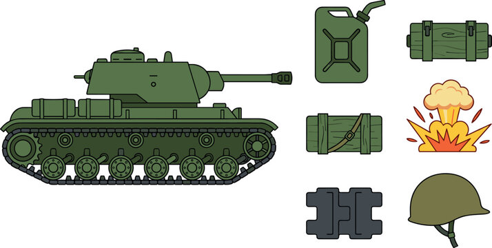 Military Tank and Combat Supply Asset Set Featuring Green Armored Vehicle Jerry Can Ammo Crate Explosion and Helmet Vector Illustrations