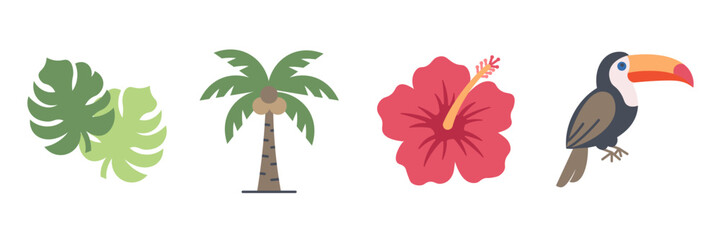 Tropical Summer Flat Icon Set with Monstera Leaves Coconut Palm Tree Hibiscus Flower and Toucan Bird Isolated on White Background © PStock