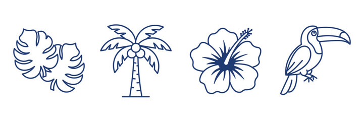 Tropical Summer Line Art Icon Set with Monstera Leaves Palm Tree Hibiscus Flower and Toucan Bird Isolated on White Background © PStock