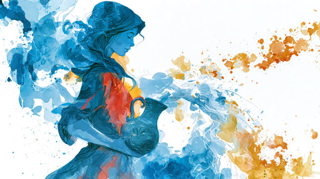 A girl stands by a waterfall holding a pitcher, painted in dark blue and red. Watercolors splash around her, showing fun and movement in the artwork. Zodiac sign - Aquarius