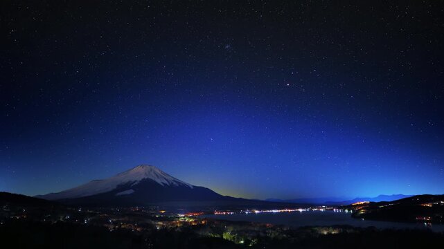 (SDR 709 Timelapse) Remastered Starry Night over Mount Fuji and Lake Yamanaka. Bright and Color‑Enhanced Starry Sky.