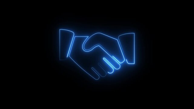 A neon sign of two hands shaking. The sign is blue . of the sign is that it represents a handshake, which is a symbol of agreement or partnership. Motion graphics of neon glow partnership symbol