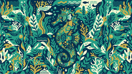 Seamless underwater ocean pattern featuring colorful coral reefs, tropical fish, sea plants, and marine life in a decorative hand-drawn vector illustration style. © AI illustration 