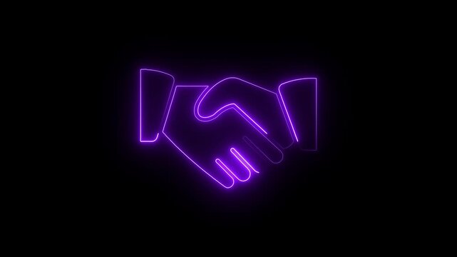 A neon sign of two hands shaking. The sign is blue . of the sign is that it represents a handshake, which is a symbol of agreement or partnership. Motion graphics of neon glow partnership symbol
