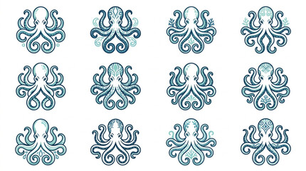 Twelve stylized octopus illustrations in a grid pattern. © kadal