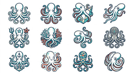 Collection of stylized octopus illustrations in various poses. © kadal