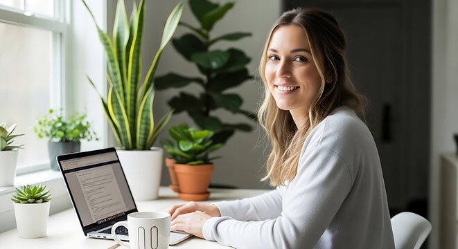 Woman sits at desk with laptop and plants on table by window