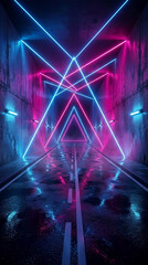 Naklejka premium Neon tunnel with wet road and abstract geometric lights, symbolizing futuristic journey, technology, and mystery, perfect for abstract or digital art concepts