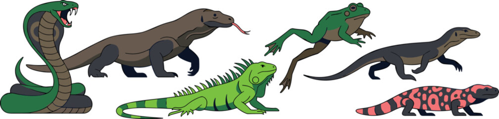 Fototapeta premium Reptiles and Amphibians Vector Set Featuring Cobra Snake Komodo Dragon Green Iguana Frog Monitor Lizard and Gila Monster Icons for Wildlife Graphic Designs