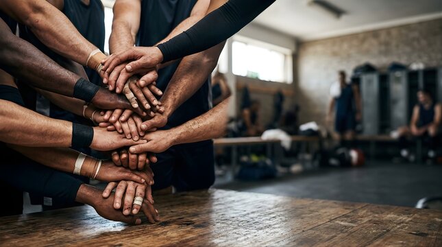 Basketball players stacking hands together in a locker room for motivation