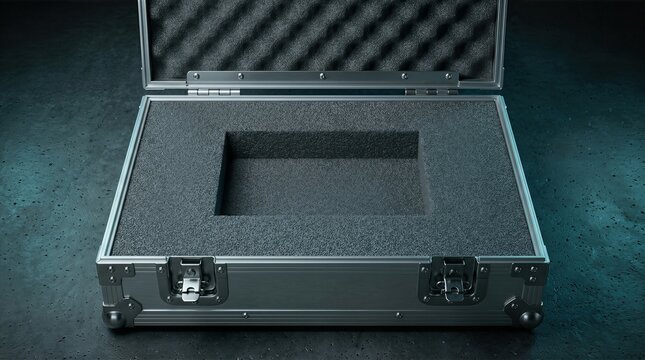 Industrial Aluminum Equipment Flight Case with Empty Foam Cutout on Dark Background for Protective Storage
