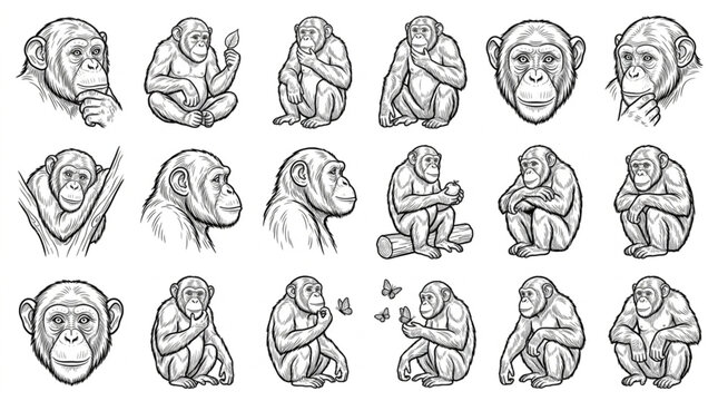 Collection of Chimpanzee Illustrations in Various Poses and Expressions.