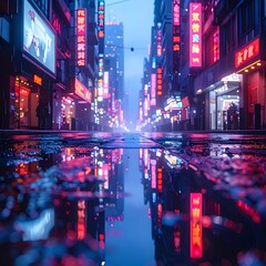 Obraz premium A wet city street at dusk with neon lights reflecting off the pavement (2)