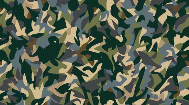 Seamless military camouflage pattern featuring abstract organic shapes in green, brown, beige, and black tones. Ideal for army, hunting, tactical, outdoor, textile, wallpaper, and background design pr