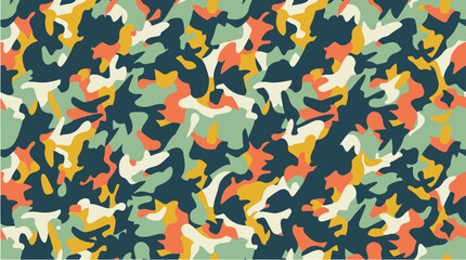 Abstract seamless camouflage pattern with layered organic shapes in green, gray, orange, yellow, and beige tones. © AI illustration 