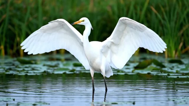 Egrets stand in the water and spread their wings, egrets spread their wings Lake ecology