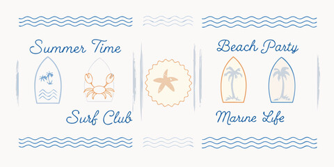 Summer themed illustrations with surfboards crabs starfish and ocean wave designs © Endrajit