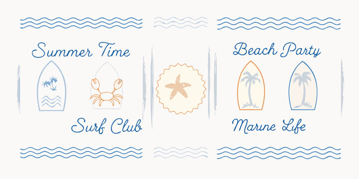 Summer themed illustrations with surfboards crabs starfish and ocean wave designs