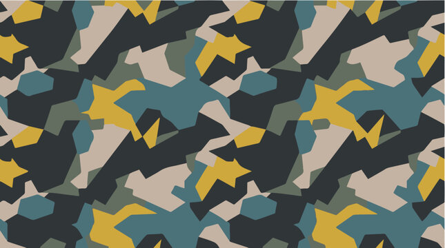 Abstract seamless camouflage pattern featuring geometric polygon shapes in dark blue, gray, beige, and yellow tones.