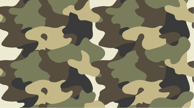 Seamless military camouflage pattern featuring organic abstract shapes in green, brown, beige, and black tones.