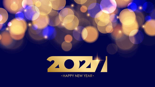 2027 Happy New Year Festive Banner. Bright blurred bokeh lights and gold colored numbers. Vector illustration.
