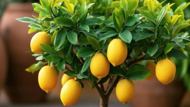 Small lemon tree with ripe yellow fruit growing in terracotta pot on blurred background of similar pots in garden or nursery setting