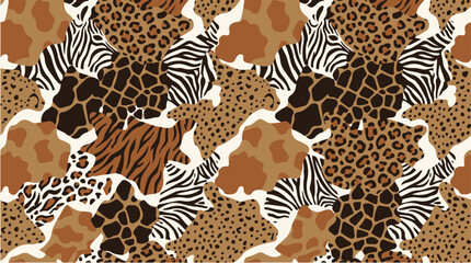 Seamless wildlife pattern featuring leopard spots, zebra stripes, tiger textures, and abstract camouflage elements in earthy tones. © AI illustration 