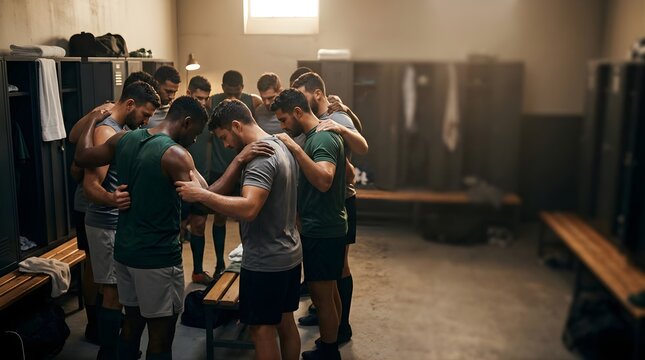 Diverse athletes huddle in a locker room for motivation before a match.